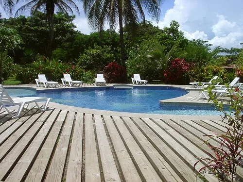 Piscine au Turtle Beach lodge a Tortuguero, Costa Rica. Sejour decouverte en famille au Costa Rica
