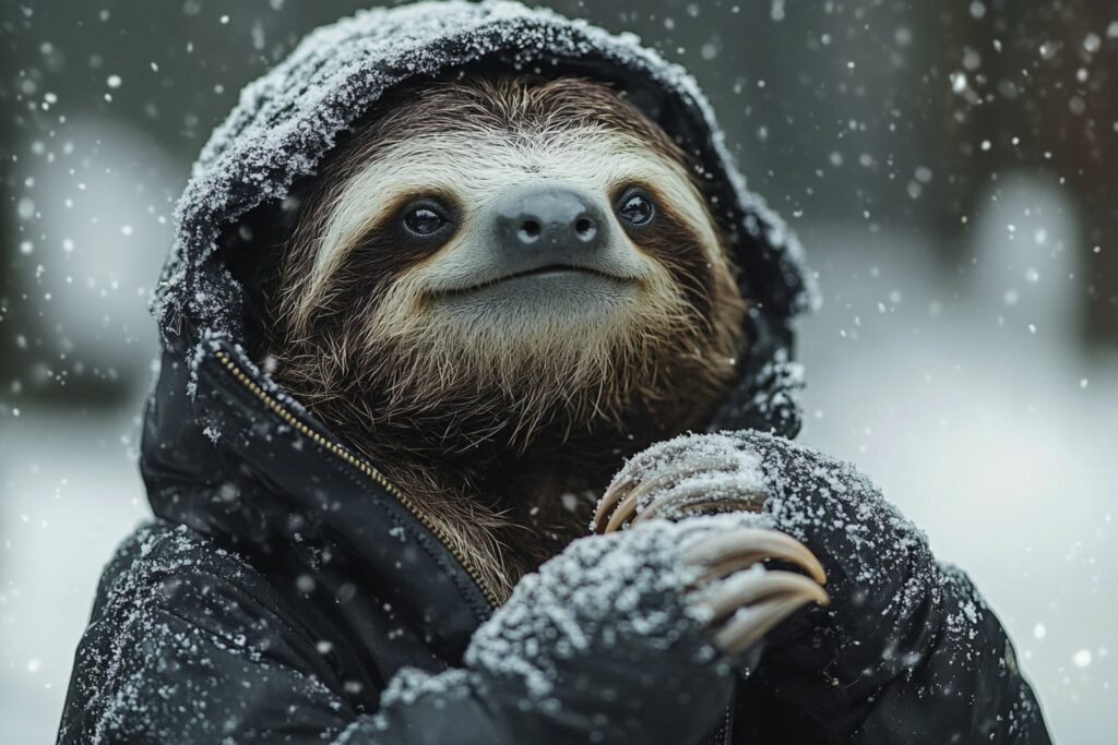 Un ours paresseux (Bradypus variegatus) avec un manteau, profitant d'une chute de neige au Costa Rica.