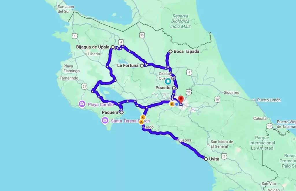 10 jours au Costa Rica itinéraire et représentation des trajets